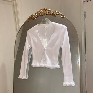 For Love & Lemons Women's White Cardigan with Lace Ruffle Trim